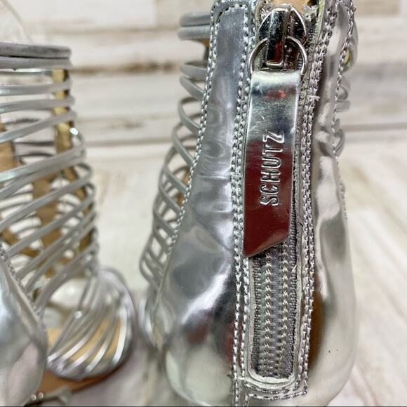 Schutz Margaery Metallic Strappy Sandal Womens Size 6B Silver Stiletto Caged - Picture 8 of 14